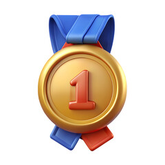 Golden first place medal with red number one and blue ribbon isolated on transparent background