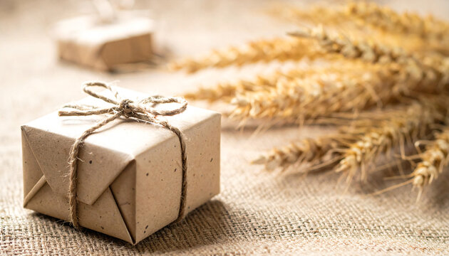 A simply wrapped gift box on a light surface, showcasing rustic elegance and understated charm.