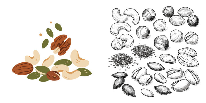 Mixed Nuts and Seeds. Colorful and monochrome sketch illustrations of assorted nuts and seeds, hand-drawn vectors on transparent background. Healthy snacks, diet, nutrition, organic food, ingredients
