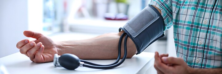 Man checking blood pressure with monitor cuff at home for health tracking
