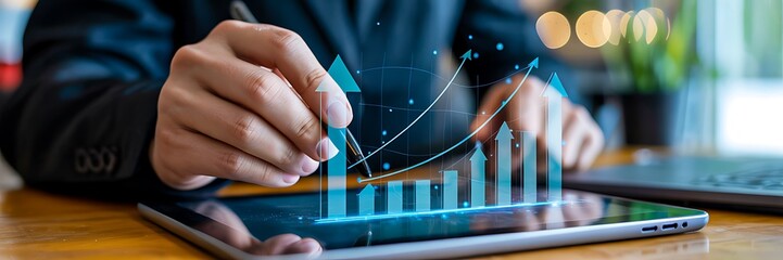 Businessman analyzing financial growth chart on digital tablet with stylus pen
