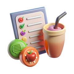 3d checklist with healthy food and smoothie isolated on transparent background