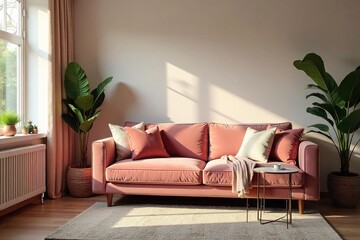 Relaxing Family Living Room with Plush Velvet Sofa, Soft Throw Pillows, and Abundant Natural Light. Perfect for Cozy Evenings and Quality Time Together.