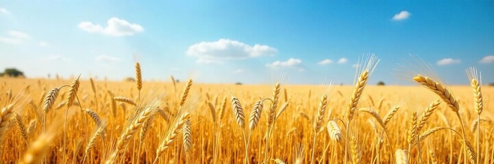 Fototapeta premium Golden Barley and Wheat Field Swaying Gently in Summer Breeze, Breathtaking Landscape of Ripe Grains Under Blue Sky, Picturesque Agricultural Abundance