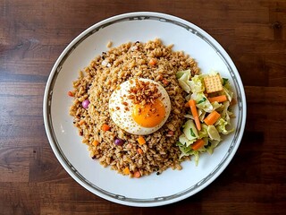 Classic Indonesian Nasi Goreng, a popular stir-fried rice dish, served with a crispy fried egg, crackers, and fresh vegetables on a wooden table.