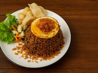 Classic Indonesian Nasi Goreng, a popular stir-fried rice dish, served with a crispy fried egg, crackers, and fresh vegetables on a wooden table.