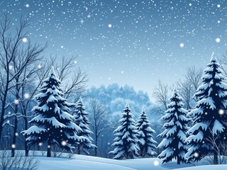 A winter scene with snow covered trees and a snowy sky in a cold blue color palette landscape art