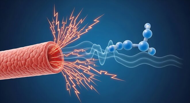 Visualization of nerve impulse transmission through axon and molecular interaction