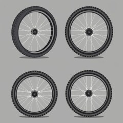 Fototapeta premium Four bicycle wheels with tires and spokes arranged in a square on a gray background design illustration