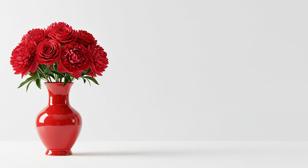 Fototapeta premium A vibrant bouquet of crimson roses and lush peonies conveying deep love in a sleek red vase against a pristine white