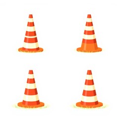 Four orange and white striped traffic cones arranged in a square pattern on a white background space