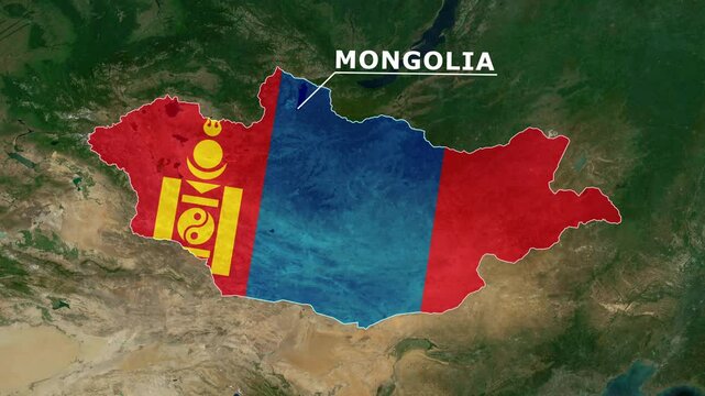Zoom from Earth to Mongolia. (Country Flag) World map animation with highlighted country borders. Satellite 3d world map animation highlights aerial views, tourism, and travel. 4k