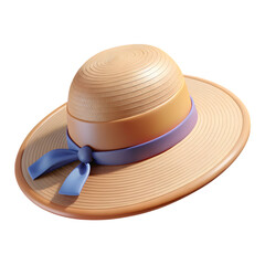 Stylish straw sun hat with blue ribbon and bow isolated on transparent background