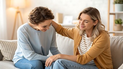 Two women sitting on a couch comforting each other indoors at home
