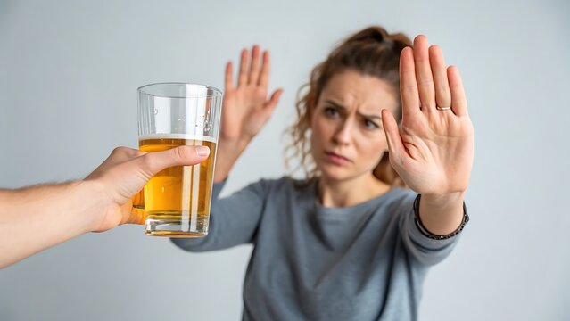 Woman refusing a glass of beer with her hands up in a stop gesture