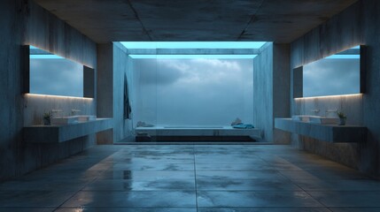 Modern Gray Bathroom with Concrete Walls and Reflected Cloudy Sky