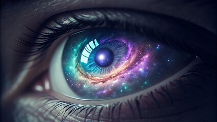 Obraz premium Close up of an eye with a galaxy reflected in the pupil area
