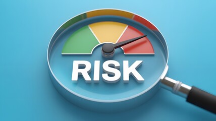 Risk Assessment Concept With Magnifying Glass Over Color Coded Meter Indicator Illustrating Danger Level Analysis On Blue Background

