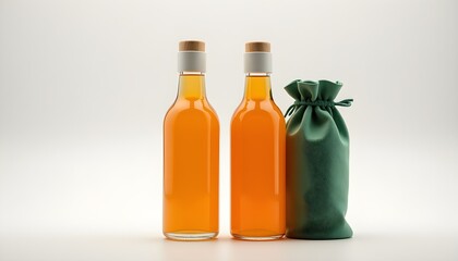 Two orange glass bottles with cork stoppers next to a green pouch