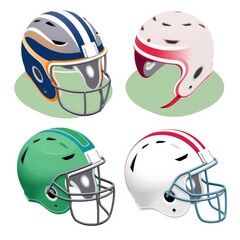 Fototapeta premium A collection of four stylized american football helmets in various colors and designs on light green bases