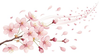 A branch of cherry blossoms with petals falling in the wind