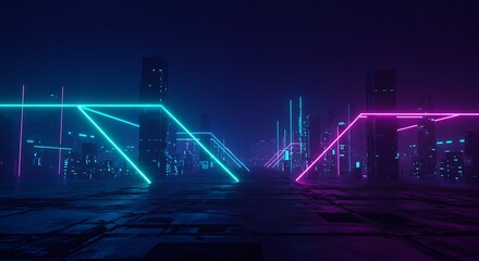 Futuristic city street lined with neon lights, creating a vibrant and otherworldly scene.