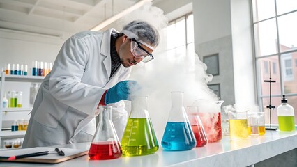 Scientist working with colorful liquids and smoke in laboratory
