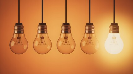 One Glowing Light Bulb Among Several Unlit Bulbs Representing Creativity Innovation Leadership Idea Inspiration Business Concept

