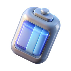 Futuristic blue battery icon with metallic casing and power indicator isolated on transparent background