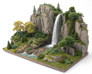 Detailed diorama of a rocky landscape with a waterfall and lush greenery on a white background