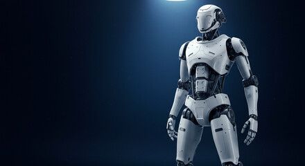 Fototapeta premium A sleek futuristic robot stands sentinel embodying innovation and a glimpse into tomorrow s technology against a dark
