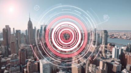 City Skyline with Red Digital Overlay Technology Innovation Concept