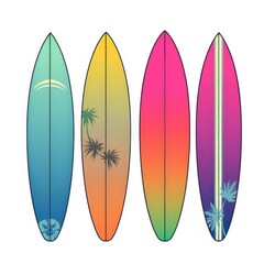 Four surfboards with different designs and colors arranged side by side on a white background