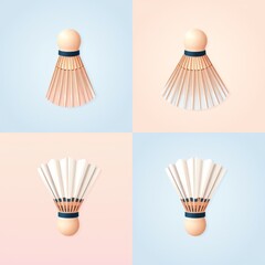 Four badminton shuttlecocks arranged in a grid pattern on a pastel colored background in a square format
