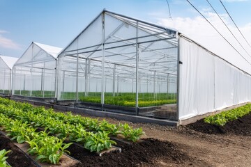 Obraz premium Greenhouse nurturing vegetable seedlings in neat rows for sustainable farming