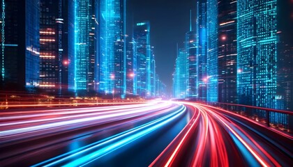 Naklejka premium Futuristic cityscape with blurred light trails on road, illuminated buildings with blue and orange lights at night.
