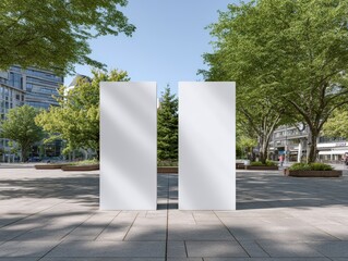 Modern outdoor display: two vertical white glass panels in urban park setting