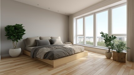 Modern minimalist bedroom boasts natural light simple furniture. AI generated