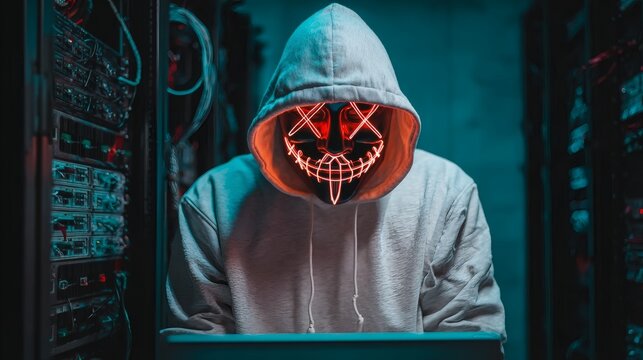 Person Wearing Red Mask in Server Room with Hooded Sweatshirt