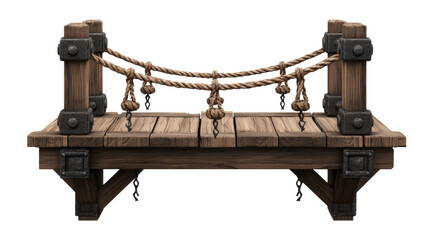 Wooden textured fantasy bridge with pillars, ropes and metal chain hanging.

