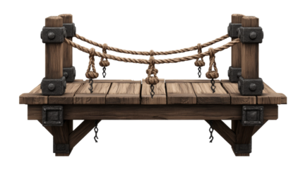 Wooden textured fantasy bridge with pillars, ropes and metal chain hanging.
