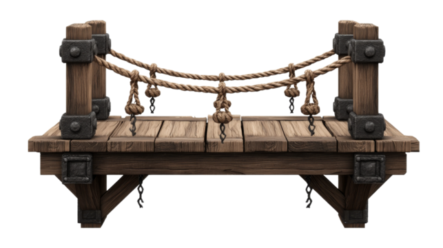 Wooden textured fantasy bridge with pillars, ropes and metal chain hanging.