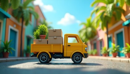 Fototapeta premium A small yellow toy truck with cardboard boxes and a potted plant on the back driving down a street lined with colorful buildings and palm trees