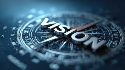Visionary Compass: A macro perspective of a compass with the word "VISION" emblazoned upon it, representing the path towards foresight and direction, underscored by a soft blue ambience.