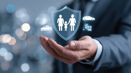 Protection in Hand: A hand cradles a digital shield, illustrating the concept of family, health, and property insurance, reflecting security and peace of mind.