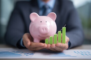 Financial Growth in Hand: A focused individual cradles a piggy bank beside an upward-trending graph, symbolizing growth in finance. The setting is subtly lit.