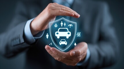 Protective Shield: A hand holding a glowing shield above a car emblem representing a concept of insurance and protection.