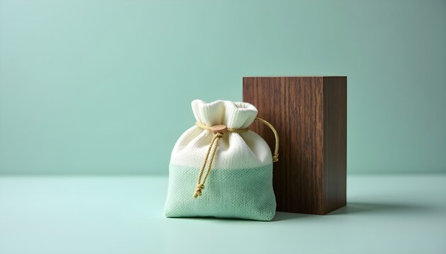 A small drawstring bag with a wooden box on a light blue background