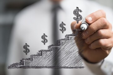 Financial Growth Visualization: A businessman's hand draws a rising staircase symbolizing financial growth, with dollar signs ascending along the steps, illustrating progress and success.