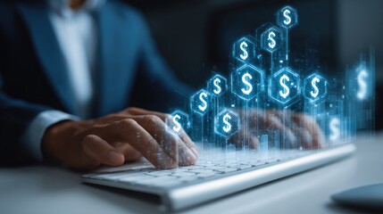 The Genesis of Growth: A businessman's focused hands navigate the digital realm as currency symbols spring to life, symbolizing financial progress and innovation in a professional workspace.